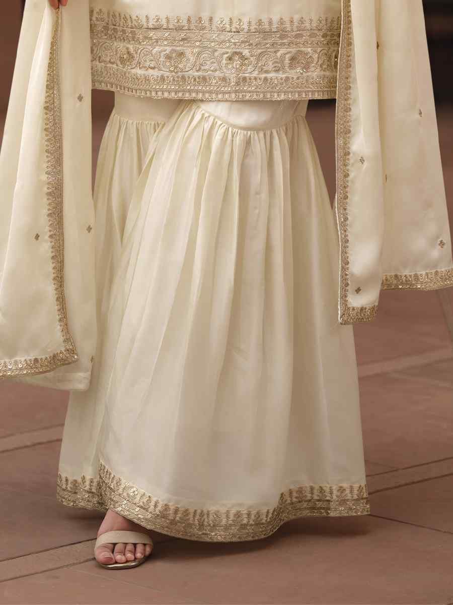 Off-White Satin Silk Embroidered Party Wedding Ready Sharara Pant Salwar Kameez