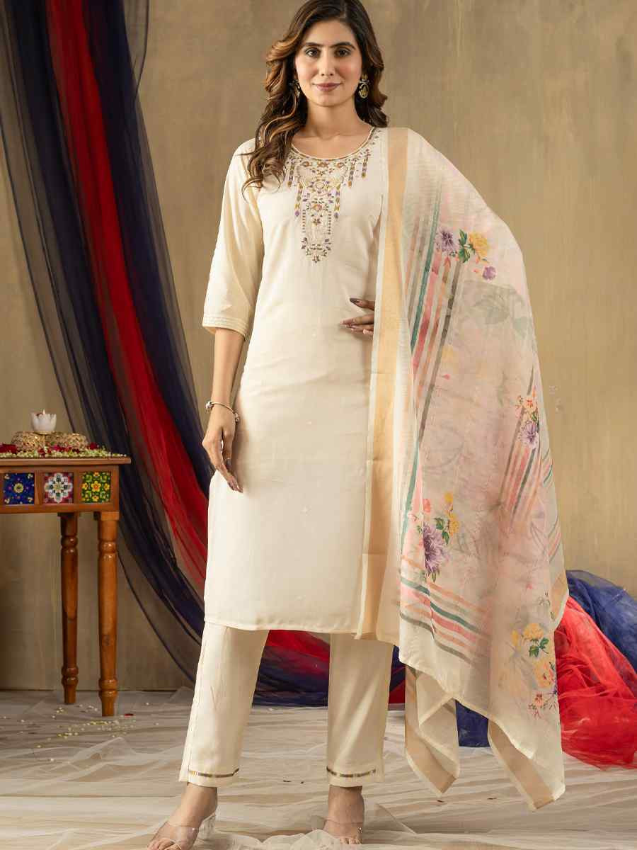 Off-White Shimmer Gold Silk Embroidered Party Wedding Ready Pant Salwar Kameez