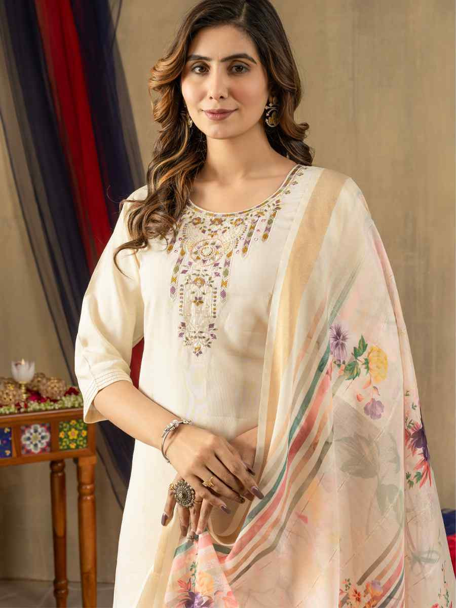 Off-White Shimmer Gold Silk Embroidered Party Wedding Ready Pant Salwar Kameez