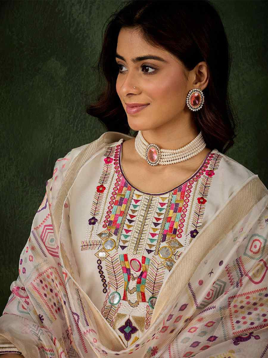 Off White Silk Blend Embroidery Party Wedding Festival Casual Ready Pant Salwar Kameez