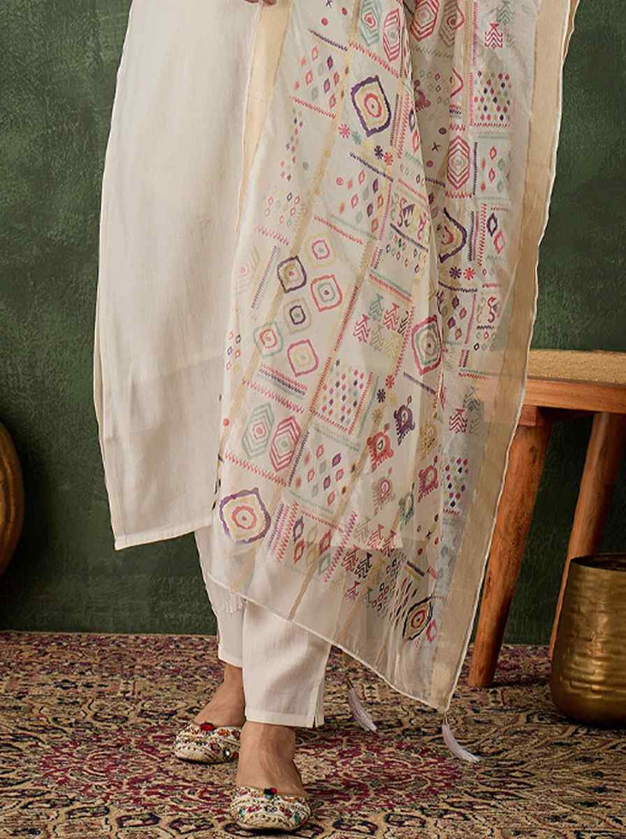 Off White Silk Blend Embroidery Party Wedding Festival Casual Ready Pant Salwar Kameez