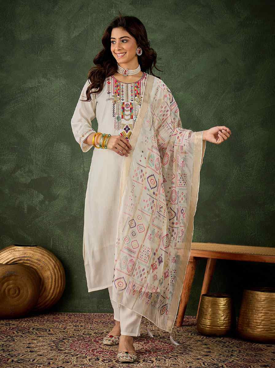 Off White Silk Blend Embroidery Party Wedding Festival Casual Ready Pant Salwar Kameez