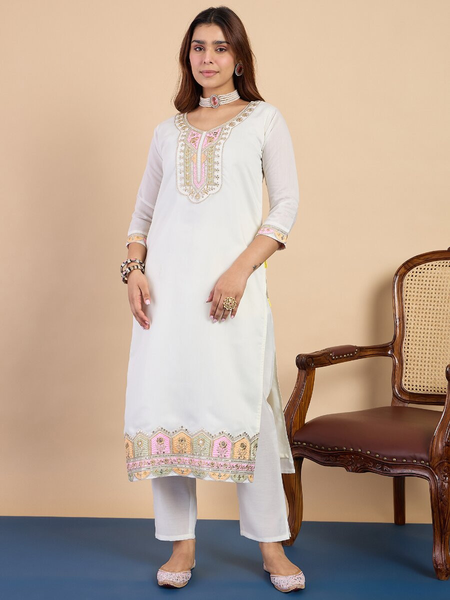 Off White Silk Blend Embroidery Wedding Party Festival Casual Pant Salwar Kameez