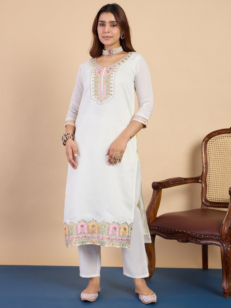 Image of Off White Silk Blend Embroidery Wedding Party Festival Casual Pant Salwar Kameez