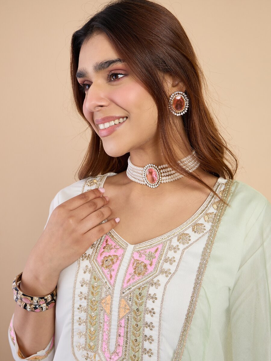 Off White Silk Blend Embroidery Wedding Party Festival Casual Pant Salwar Kameez