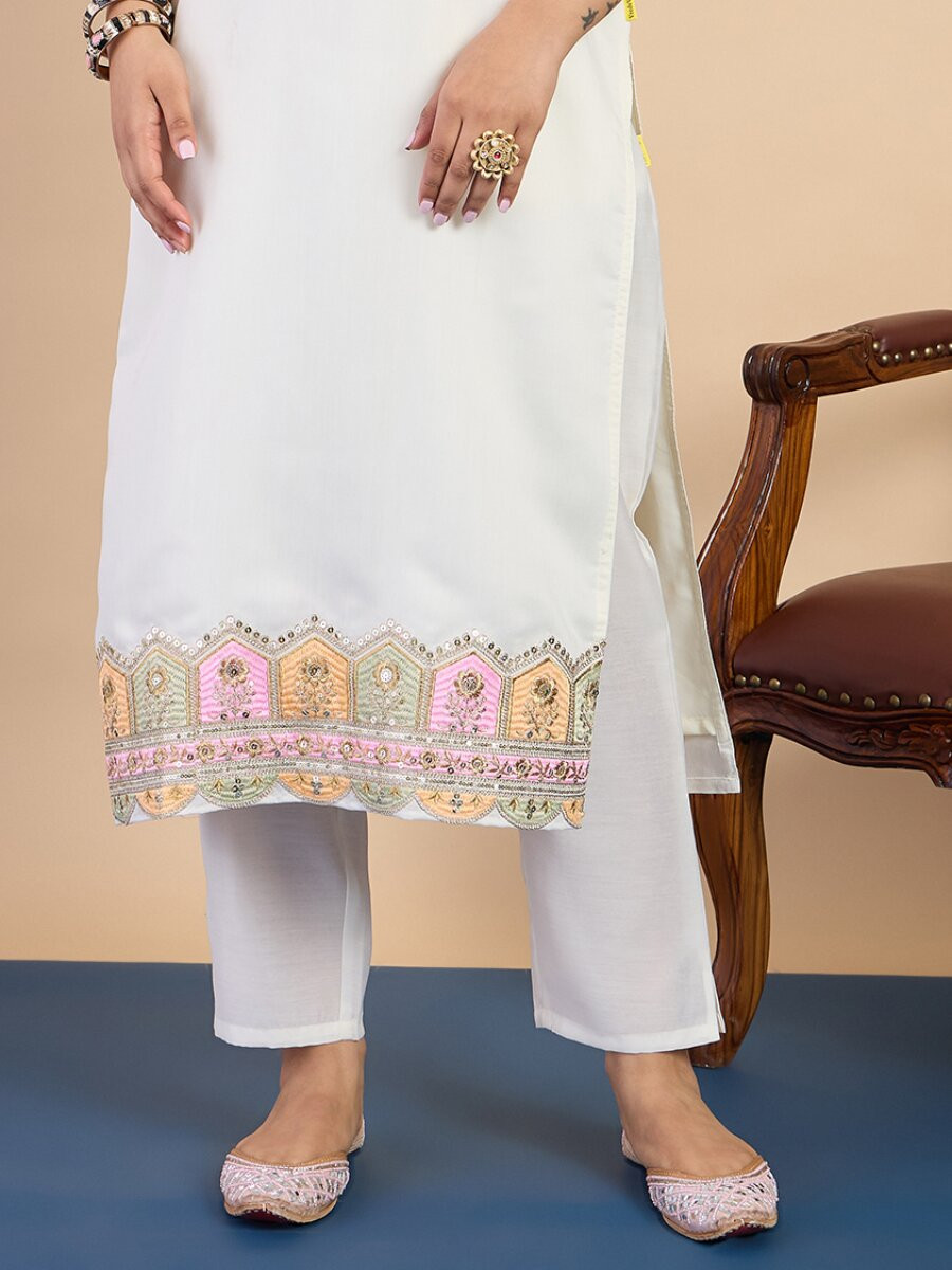 Off White Silk Blend Embroidery Wedding Party Festival Casual Pant Salwar Kameez