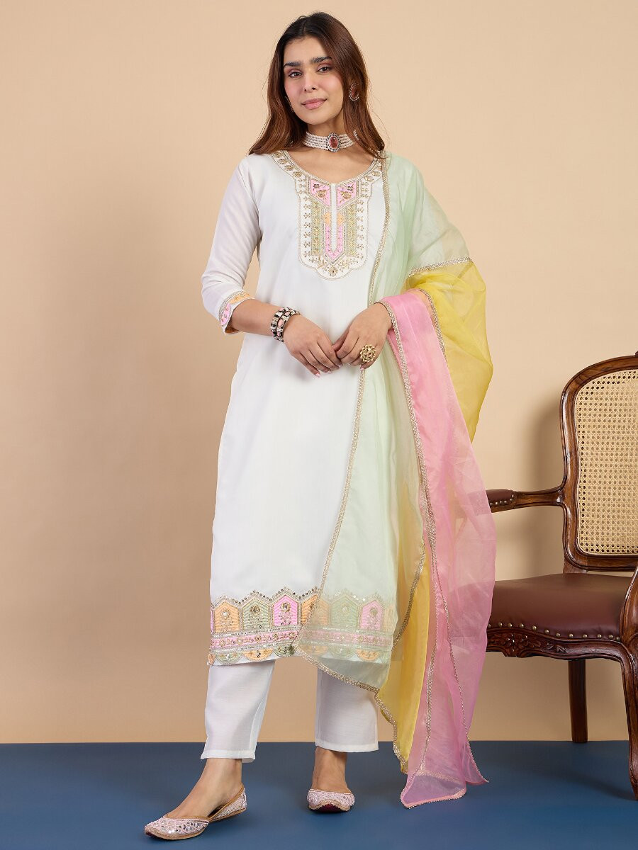 Off White Silk Blend Embroidery Wedding Party Festival Casual Pant Salwar Kameez