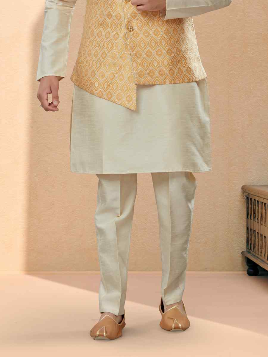 Off White Silk Dupion Printed Festival Party Kurta