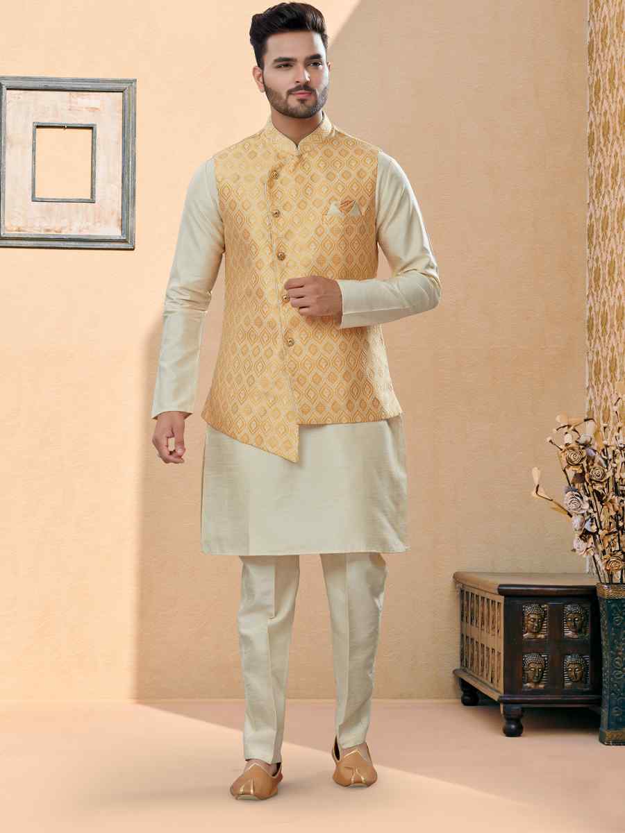 Off White Silk Dupion Printed Festival Party Kurta