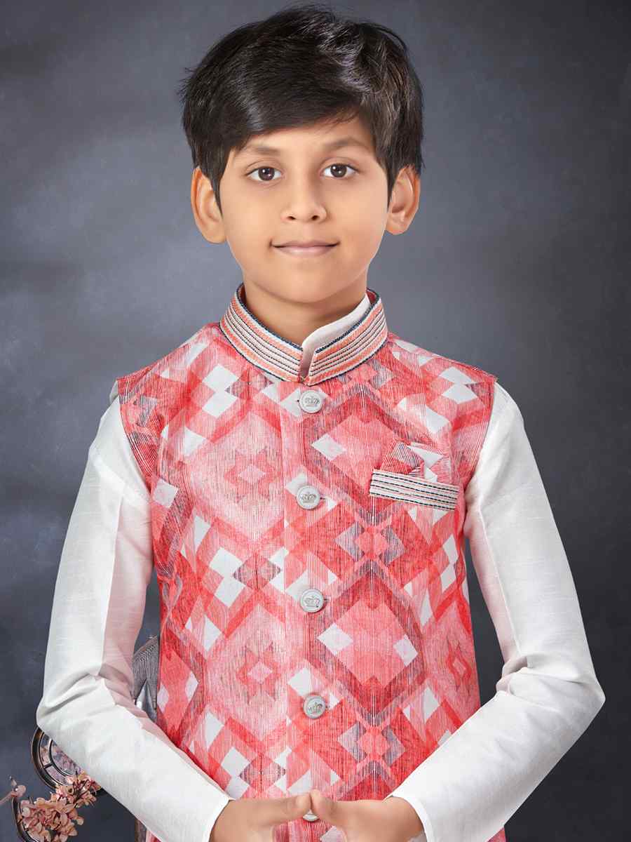 Off White Silk Dupion Printed Traditional Party Kurta