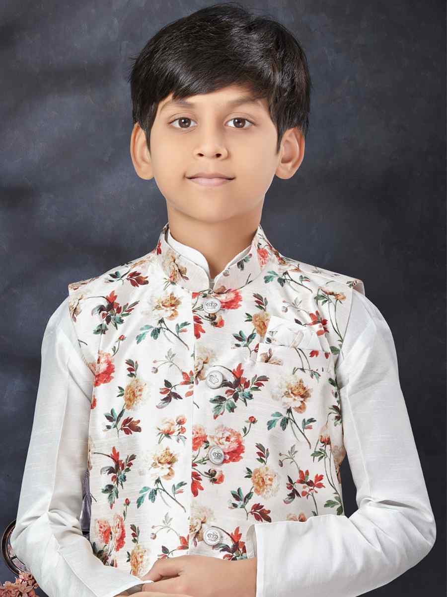 Off White Silk Dupion Printed Traditional Party Kurta