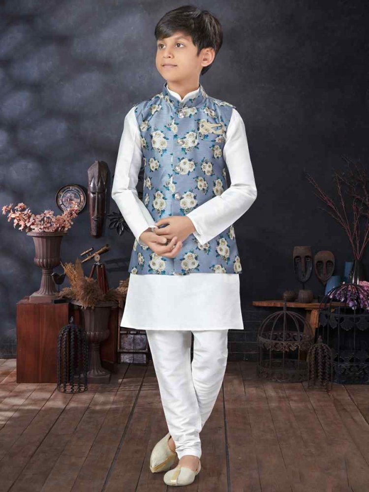 Off White Silk Dupion Printed Traditional Party Kurta