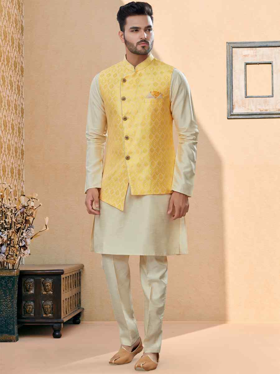 Off White Silk Dupion Woven Festival Party Kurta