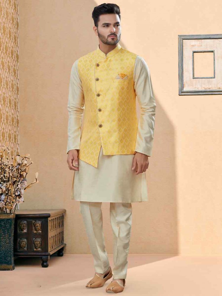 Off White Silk Dupion Woven Festival Party Kurta