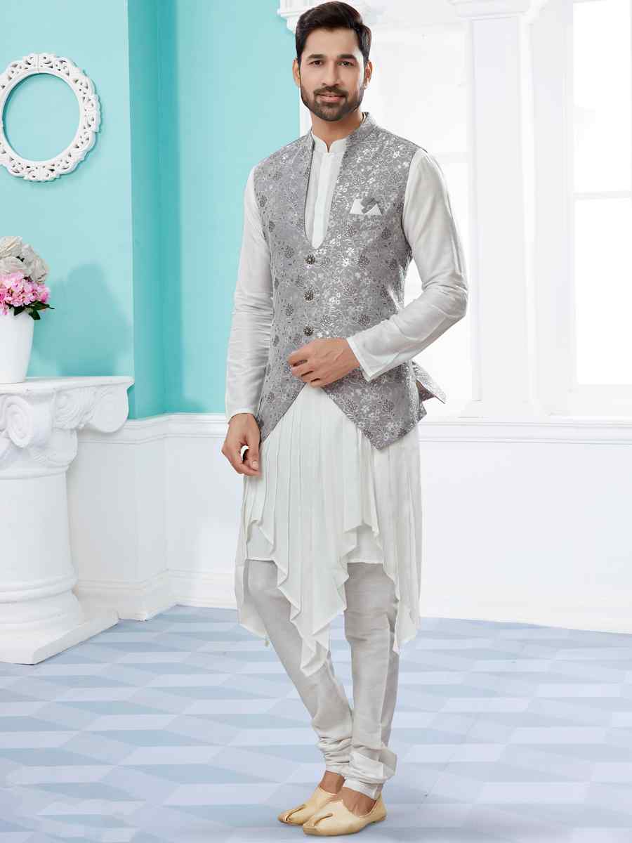 Off White Silk Dupion Woven Festival Party Kurta