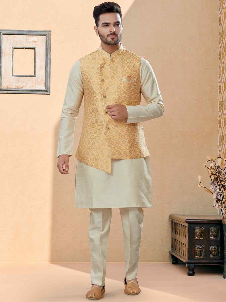 Off White Silk Dupion Woven Festival Party Kurta