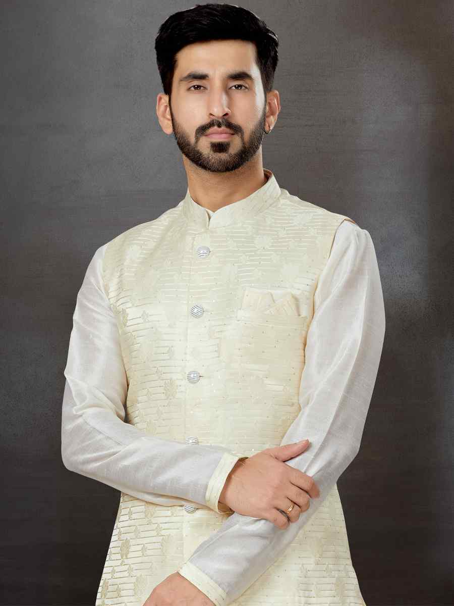 Off White Silk Dupion Woven Festival Wedding Kurta