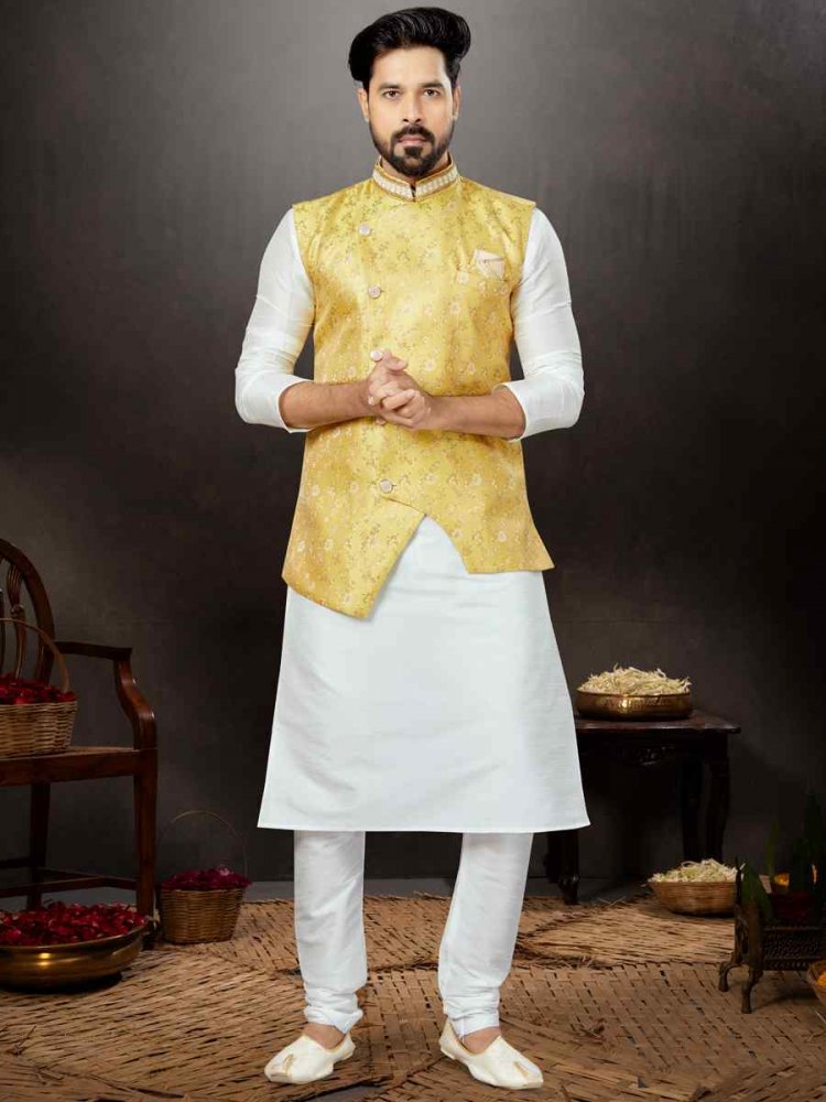 Off White Silk Dupion Woven Festival Wedding Kurta