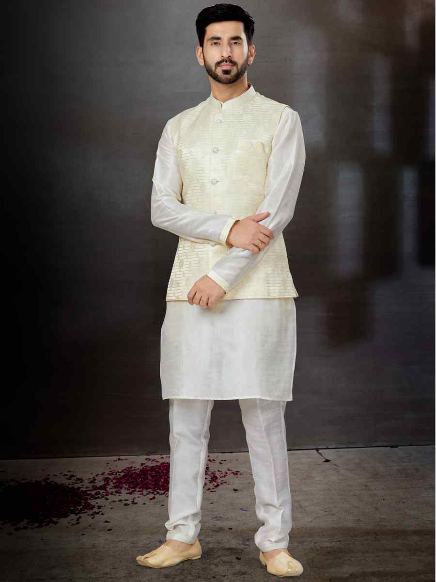 Off White Silk Dupion Woven Festival Wedding Kurta
