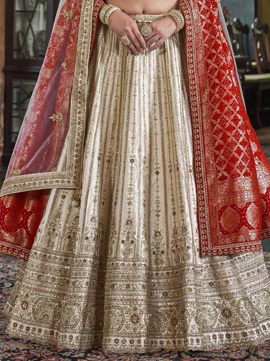 Off-White Silk Embroidered Bridal Wedding Reception Festival Heavy Border Lehenga Choli