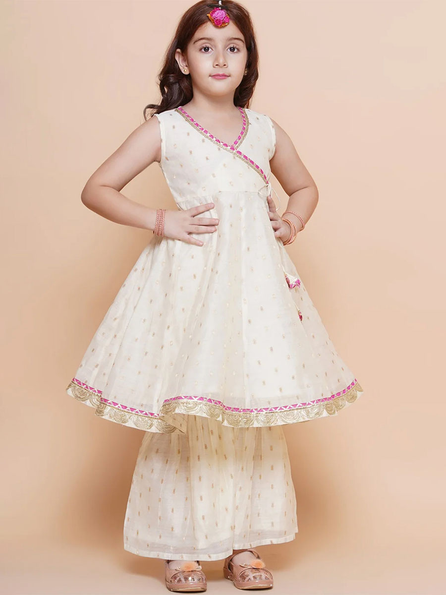 Off-white Silk Embroidered Ethnic Casual Festival Party Wedding Kurta Sharara Girls Wear