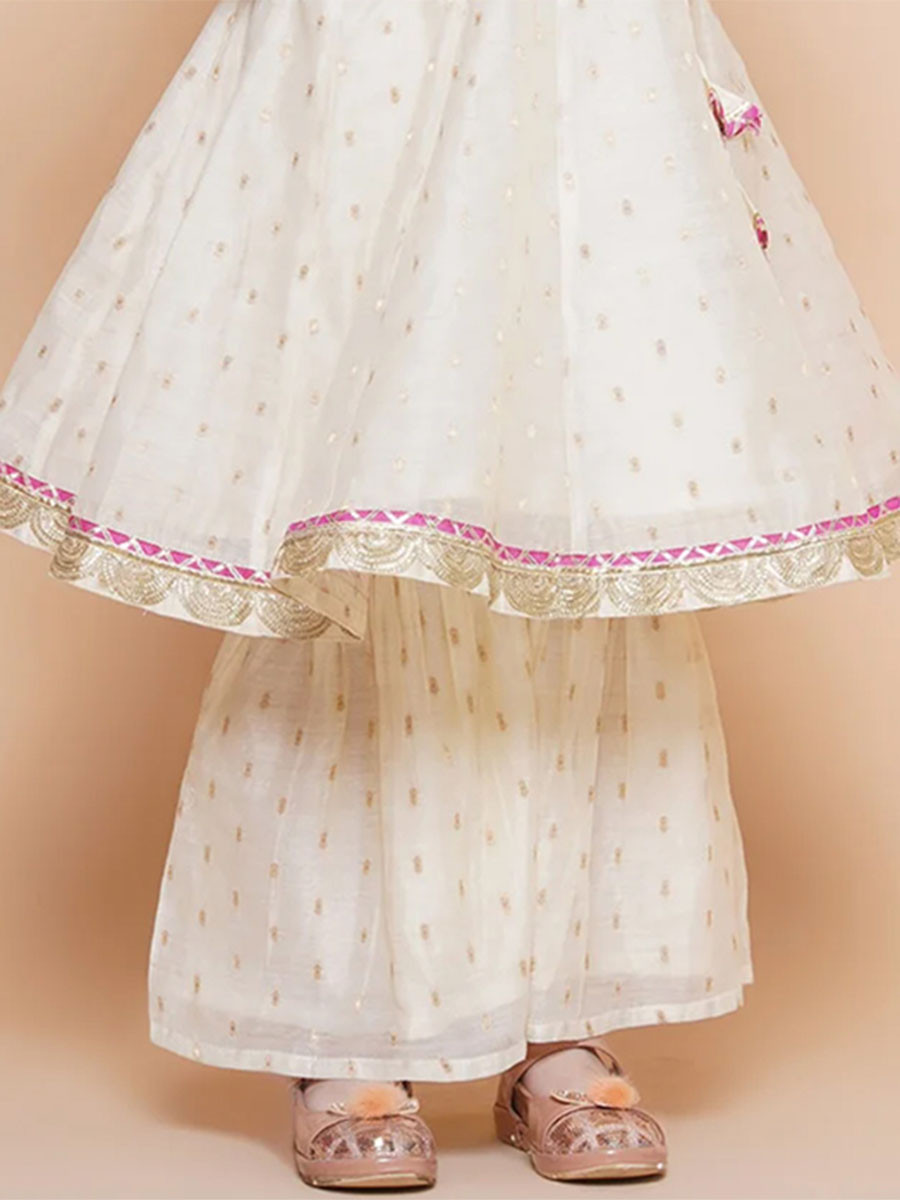 Off-white Silk Embroidered Ethnic Casual Festival Party Wedding Kurta Sharara Girls Wear