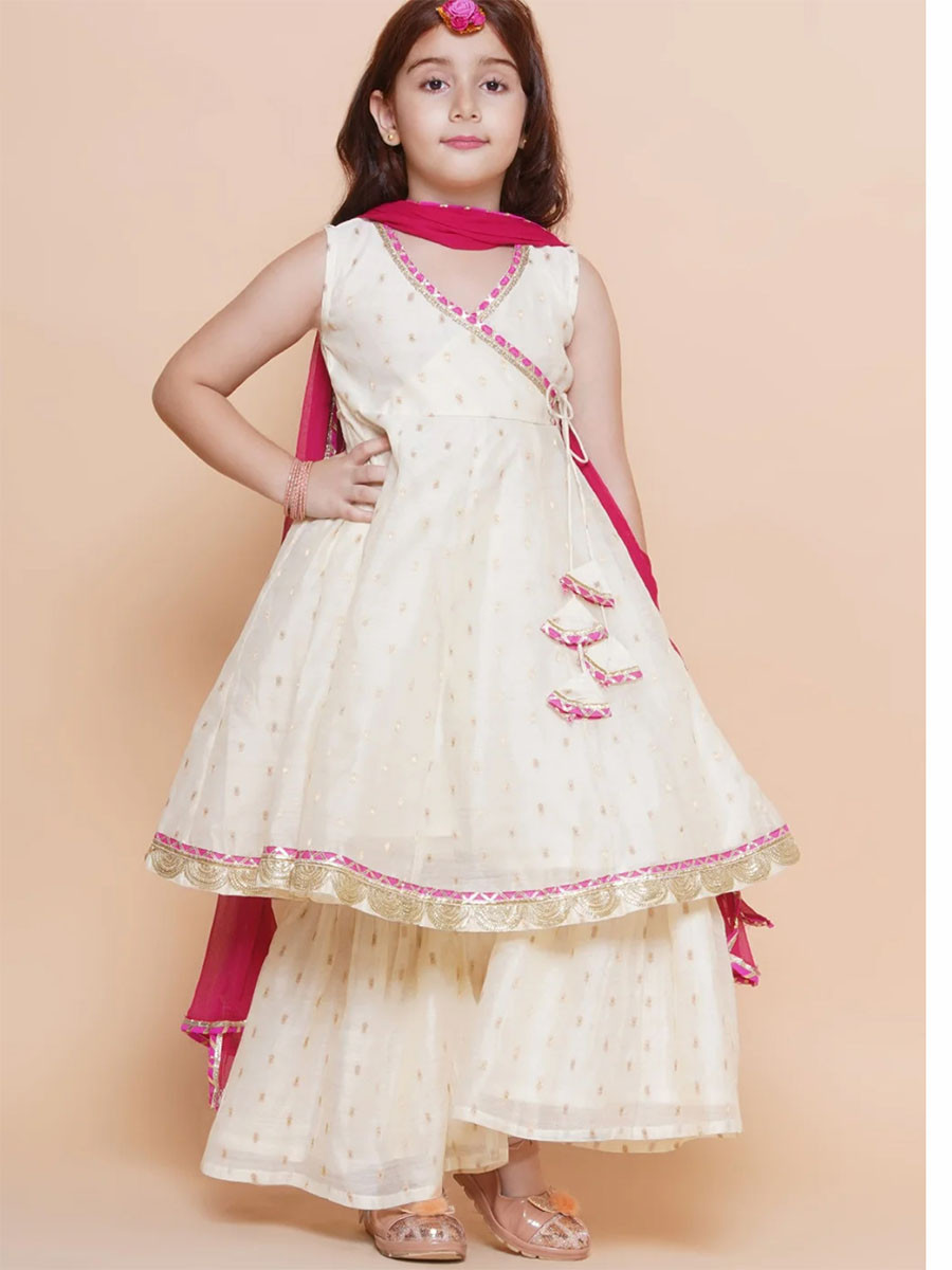 Off-white Silk Embroidered Ethnic Casual Festival Party Wedding Kurta Sharara Girls Wear