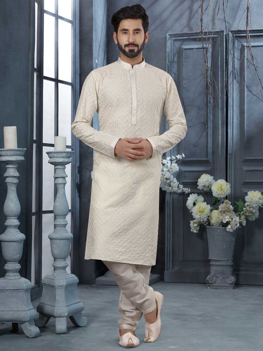 Off White Silk Embroidered Festival Kurta Set