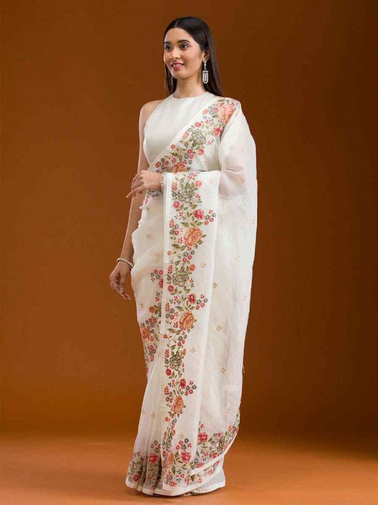 Off-White Silk Embroidered Festival Wedding Fancy Heavy Border Saree