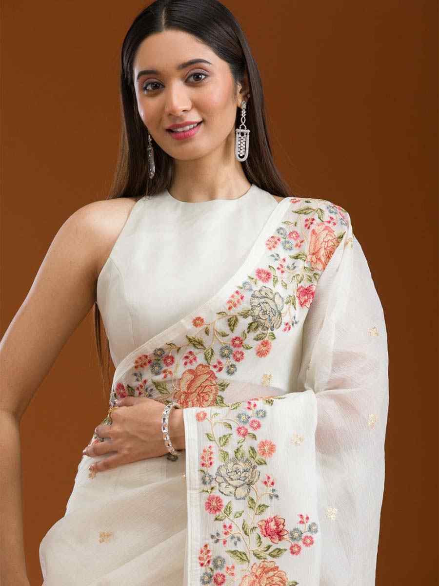 Off-White Silk Embroidered Festival Wedding Fancy Heavy Border Saree