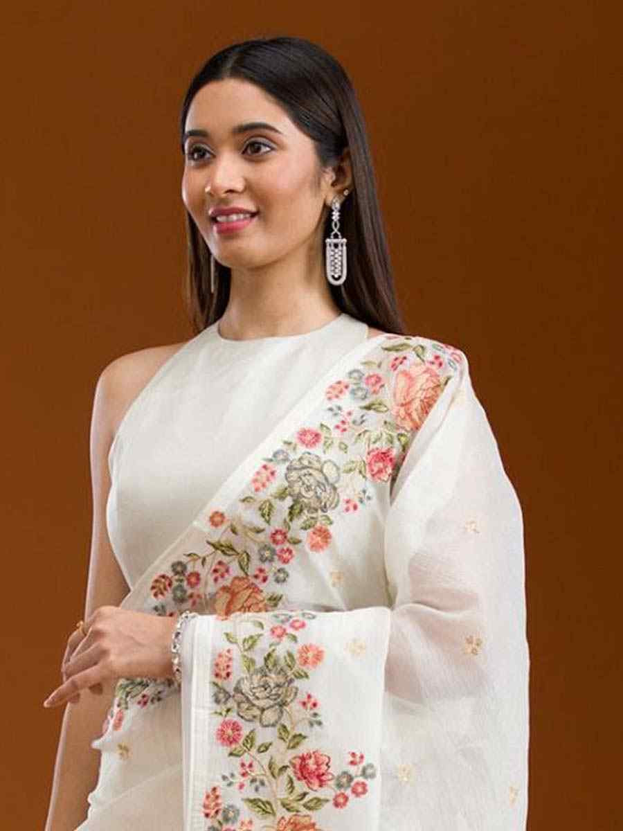 Off-White Silk Embroidered Festival Wedding Fancy Heavy Border Saree