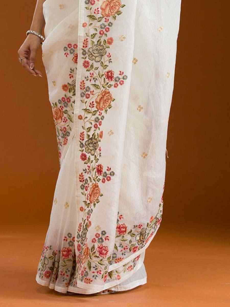 Off-White Silk Embroidered Festival Wedding Fancy Heavy Border Saree