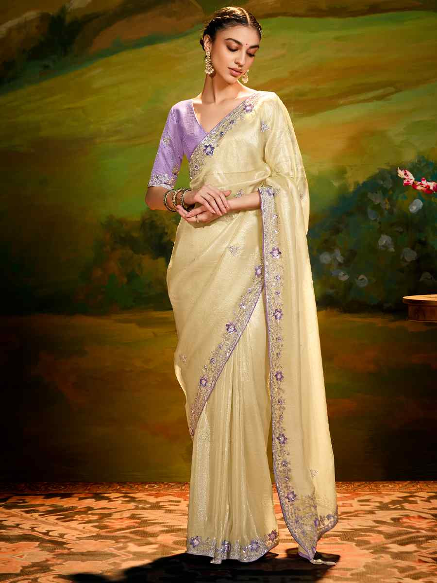 Off-White Silk Embroidered Festival Wedding Fancy Heavy Border Saree