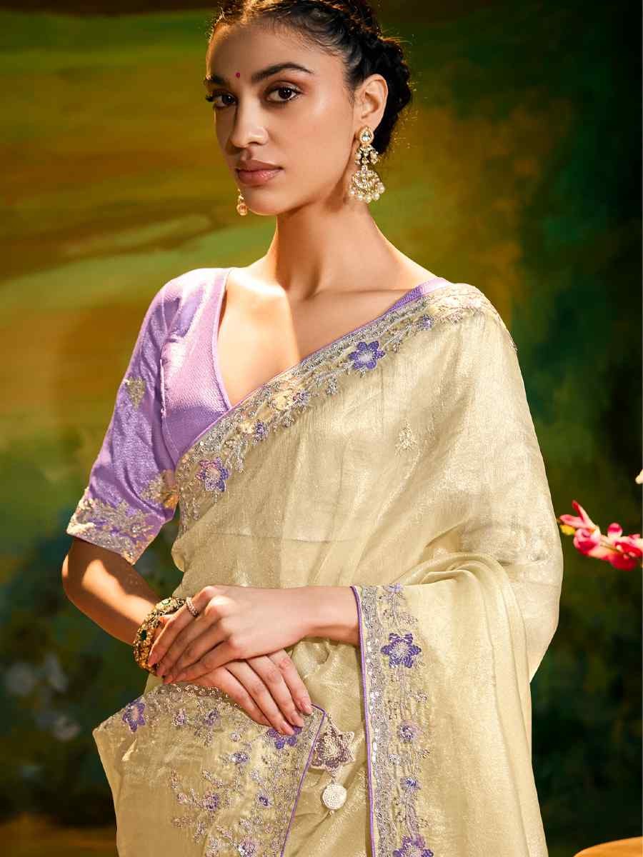 Off-White Silk Embroidered Festival Wedding Fancy Heavy Border Saree