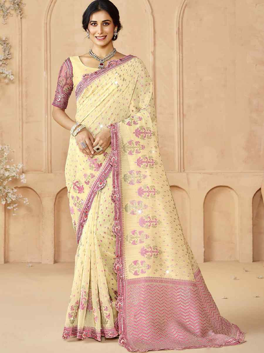 Off-White Silk Embroidered Festival Wedding Fancy Heavy Border Saree