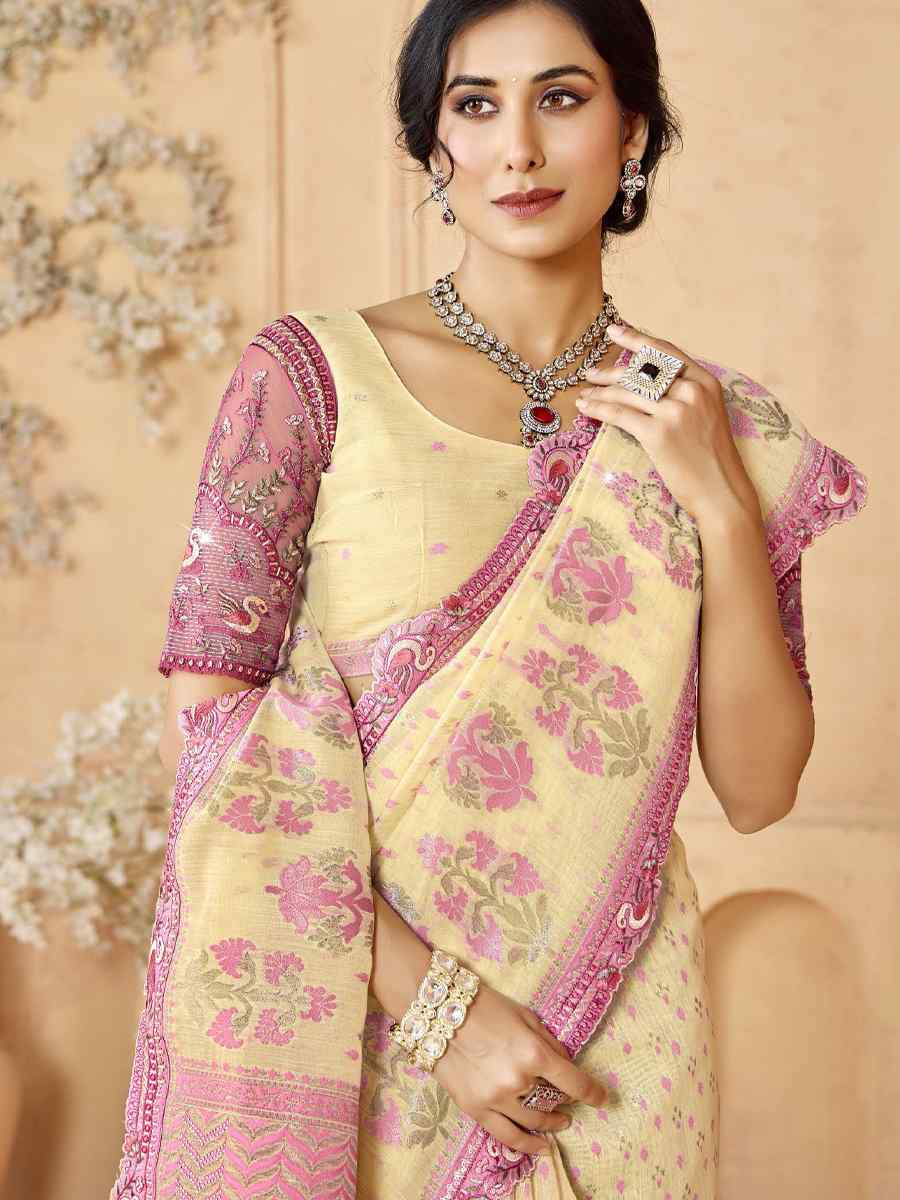 Off-White Silk Embroidered Festival Wedding Fancy Heavy Border Saree