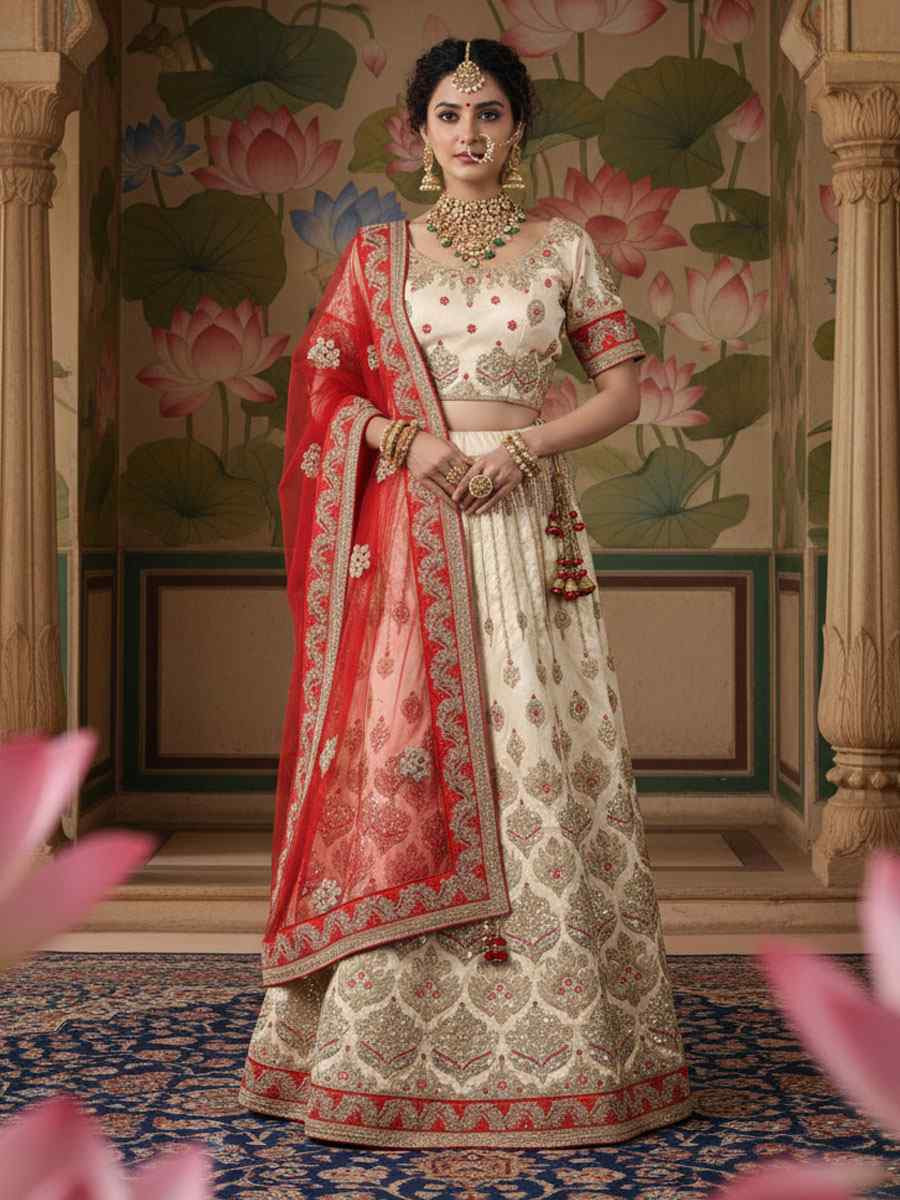 Off-White Silk Embroidered Wedding Reception Festival Heavy Border Lehenga Choli