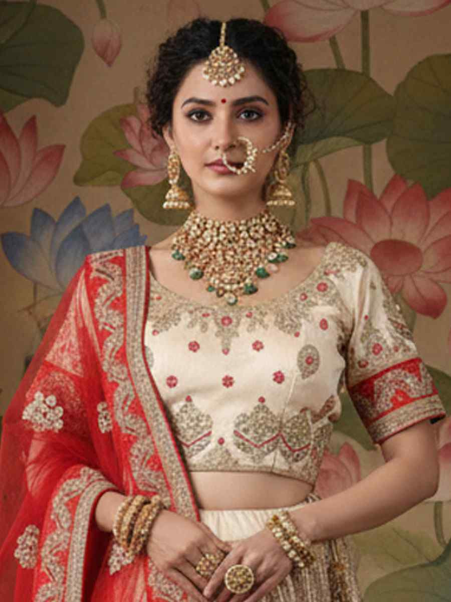 Off-White Silk Embroidered Wedding Reception Festival Heavy Border Lehenga Choli