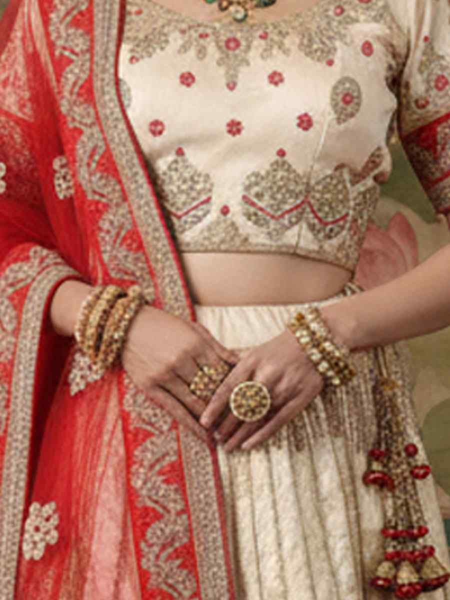 Off-White Silk Embroidered Wedding Reception Festival Heavy Border Lehenga Choli