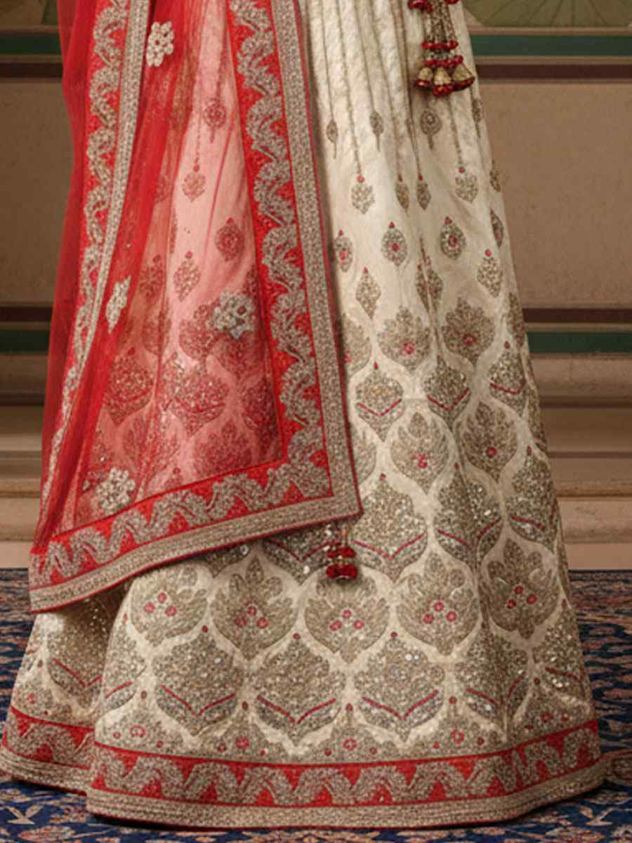 Off-White Silk Embroidered Wedding Reception Festival Heavy Border Lehenga Choli