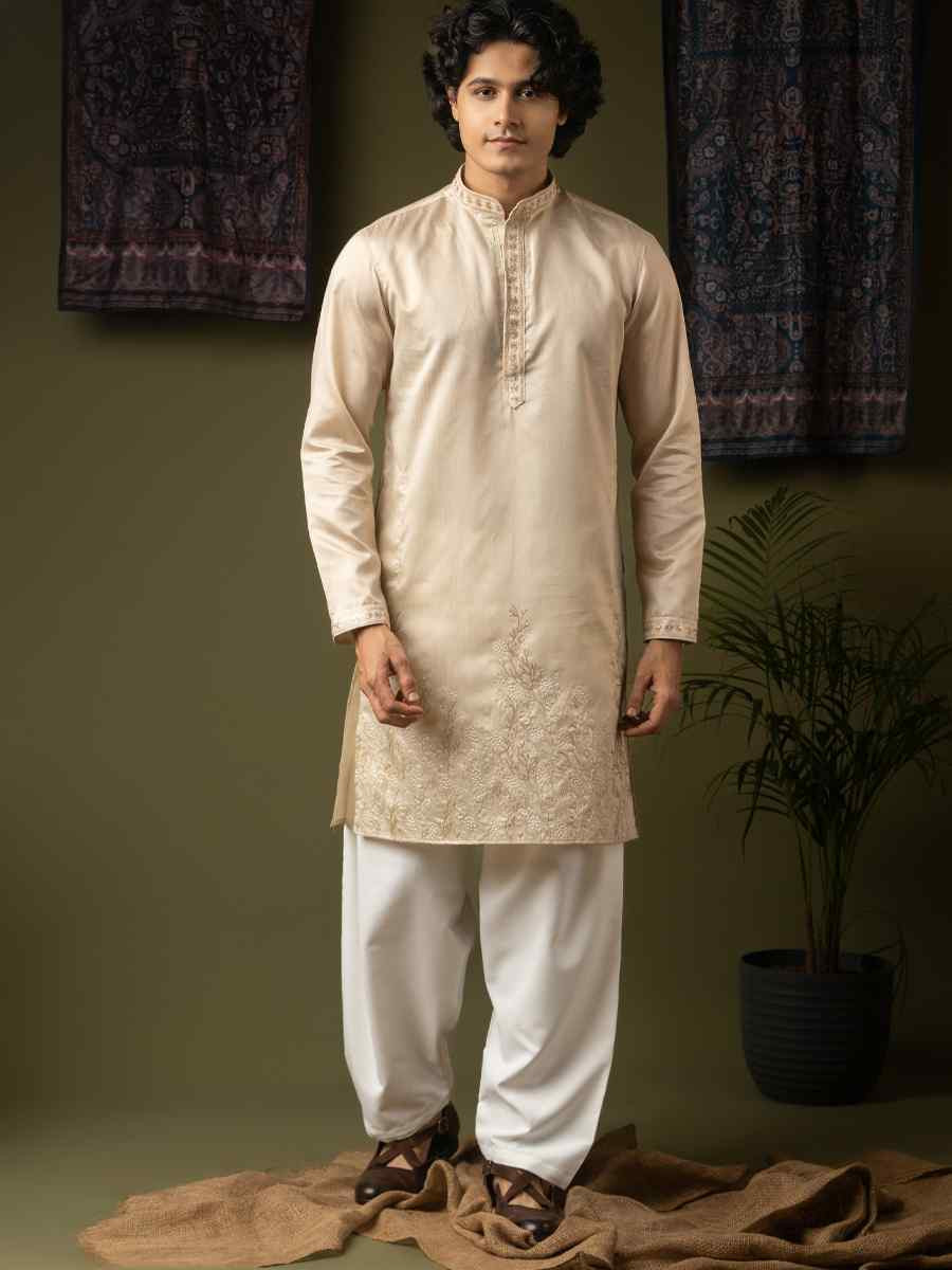 Off white Silk Embroidery Festival Wedding Party Mens Kurta