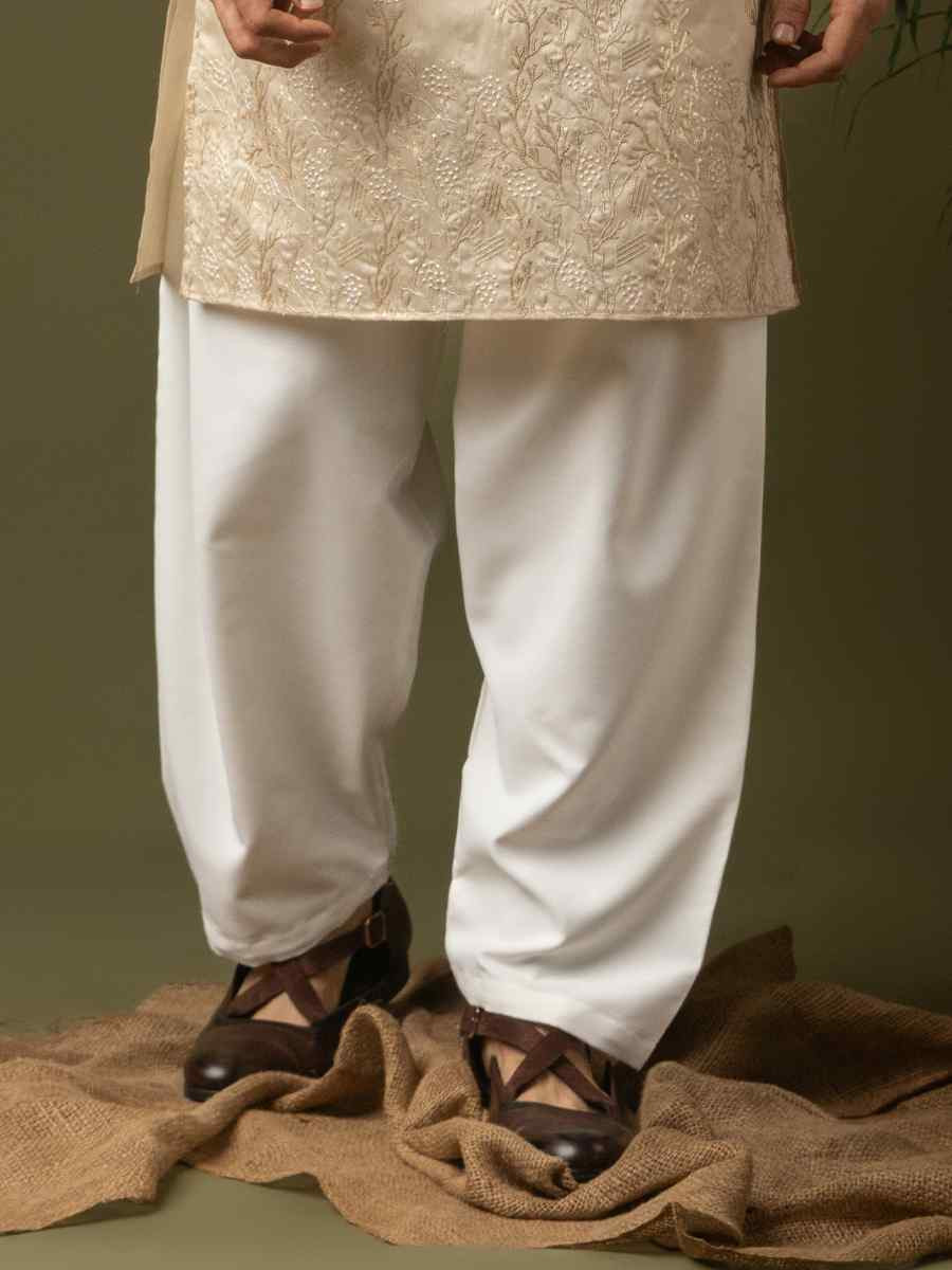 Off white Silk Embroidery Festival Wedding Party Mens Kurta