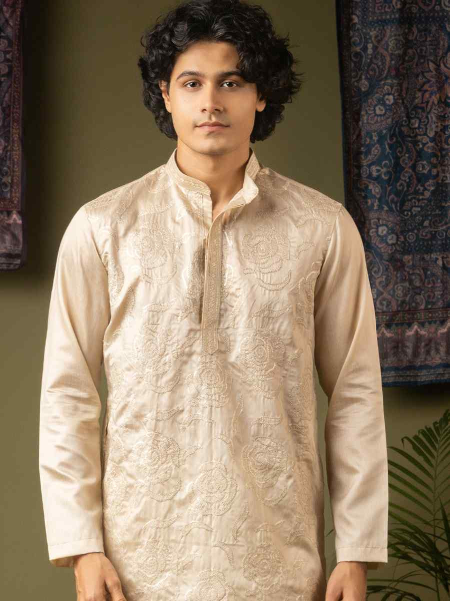 Off white Silk Embroidery Festival Wedding Party Mens Kurta