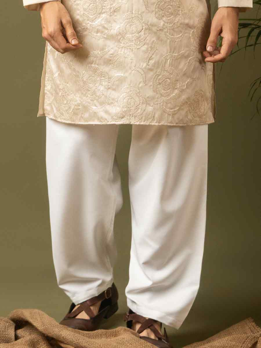 Off white Silk Embroidery Festival Wedding Party Mens Kurta