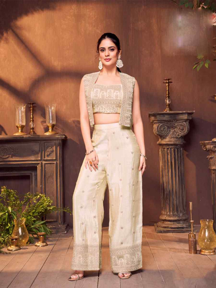 Image of Off-White Silk Embroidery Party Wedding Festival Casual Ready Palazzo Pant Salwar Kameez