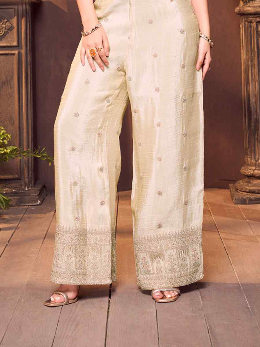 Off-White Silk Embroidery Party Wedding Festival Casual Ready Palazzo Pant Salwar Kameez