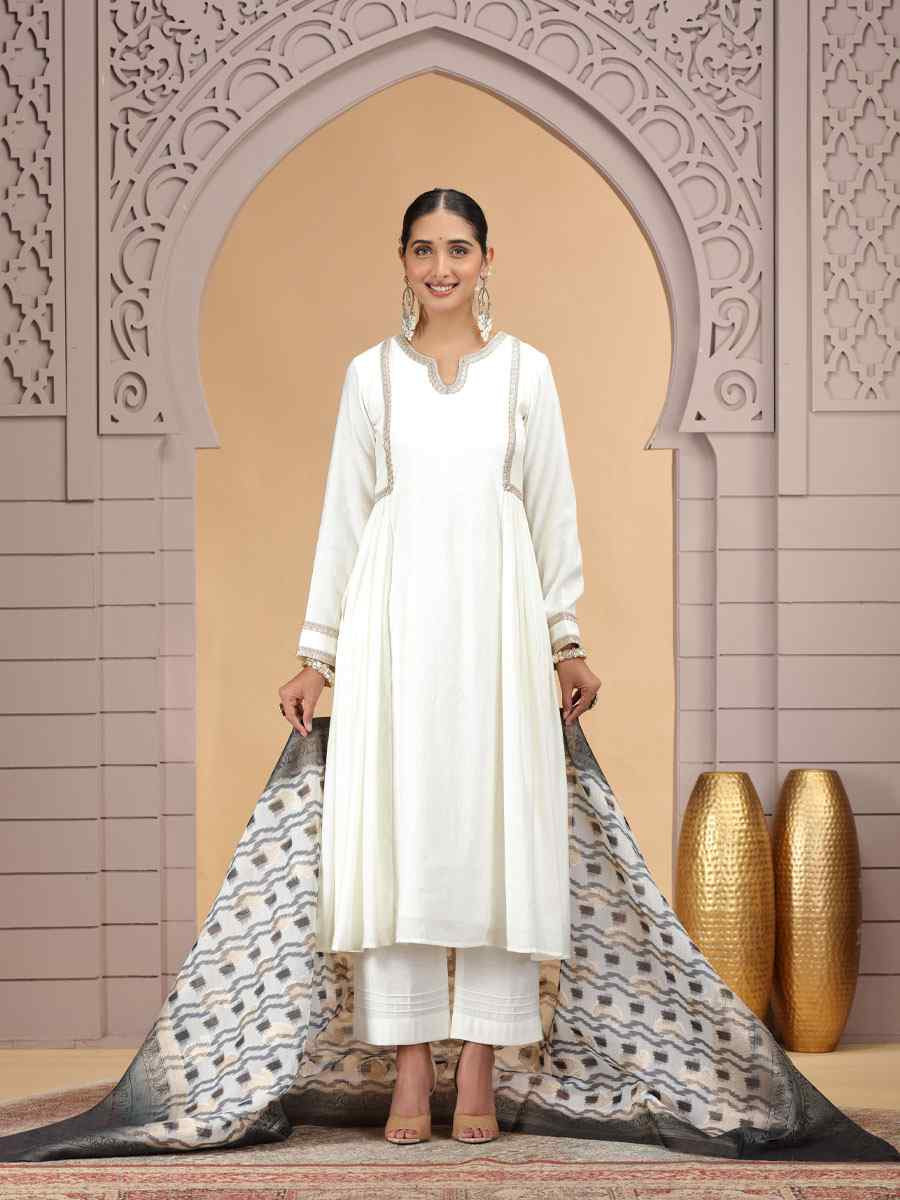 Off-White Silk Embroidery Party Wedding Festival Casual Ready Pant Salwar Kameez