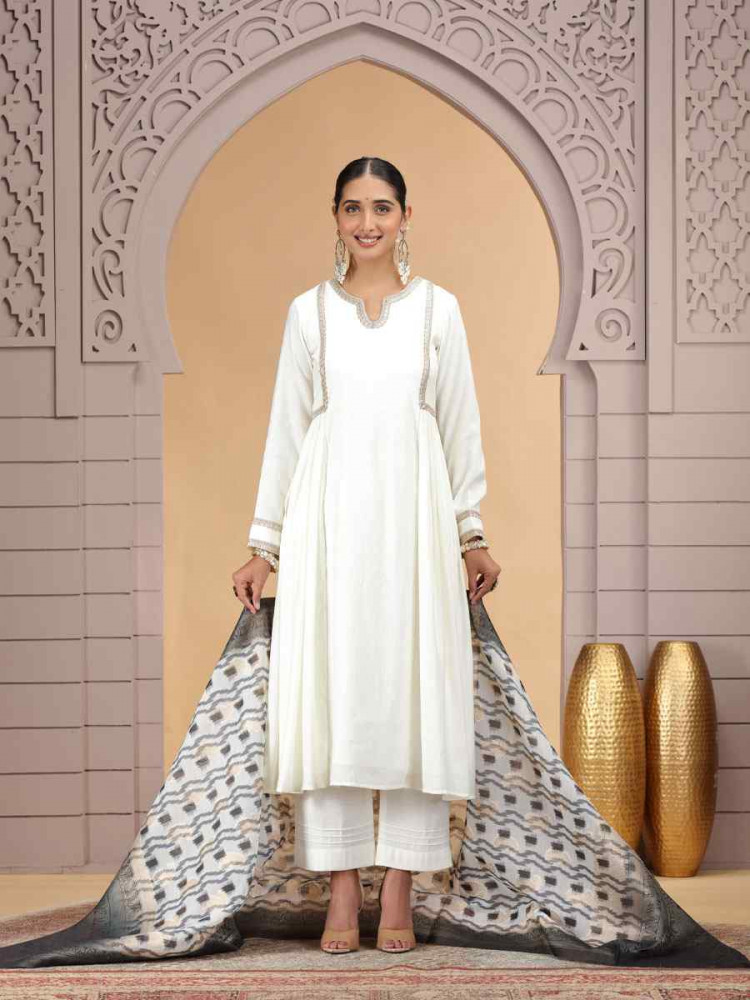 Image of Off-White Silk Embroidery Party Wedding Festival Casual Ready Pant Salwar Kameez