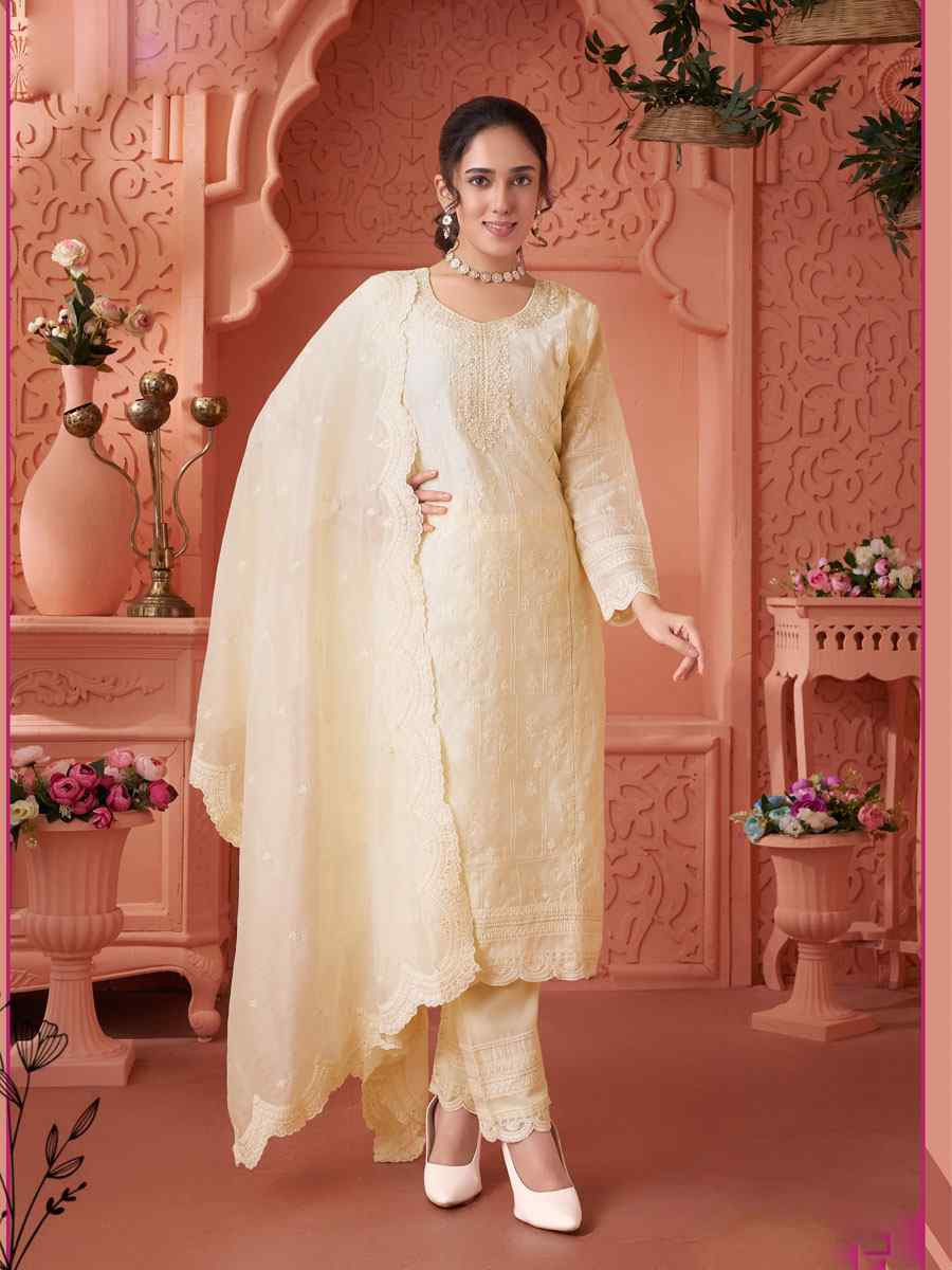 Off-White Silk Embroidery Party Wedding Festival Casual Ready Pant Salwar Kameez