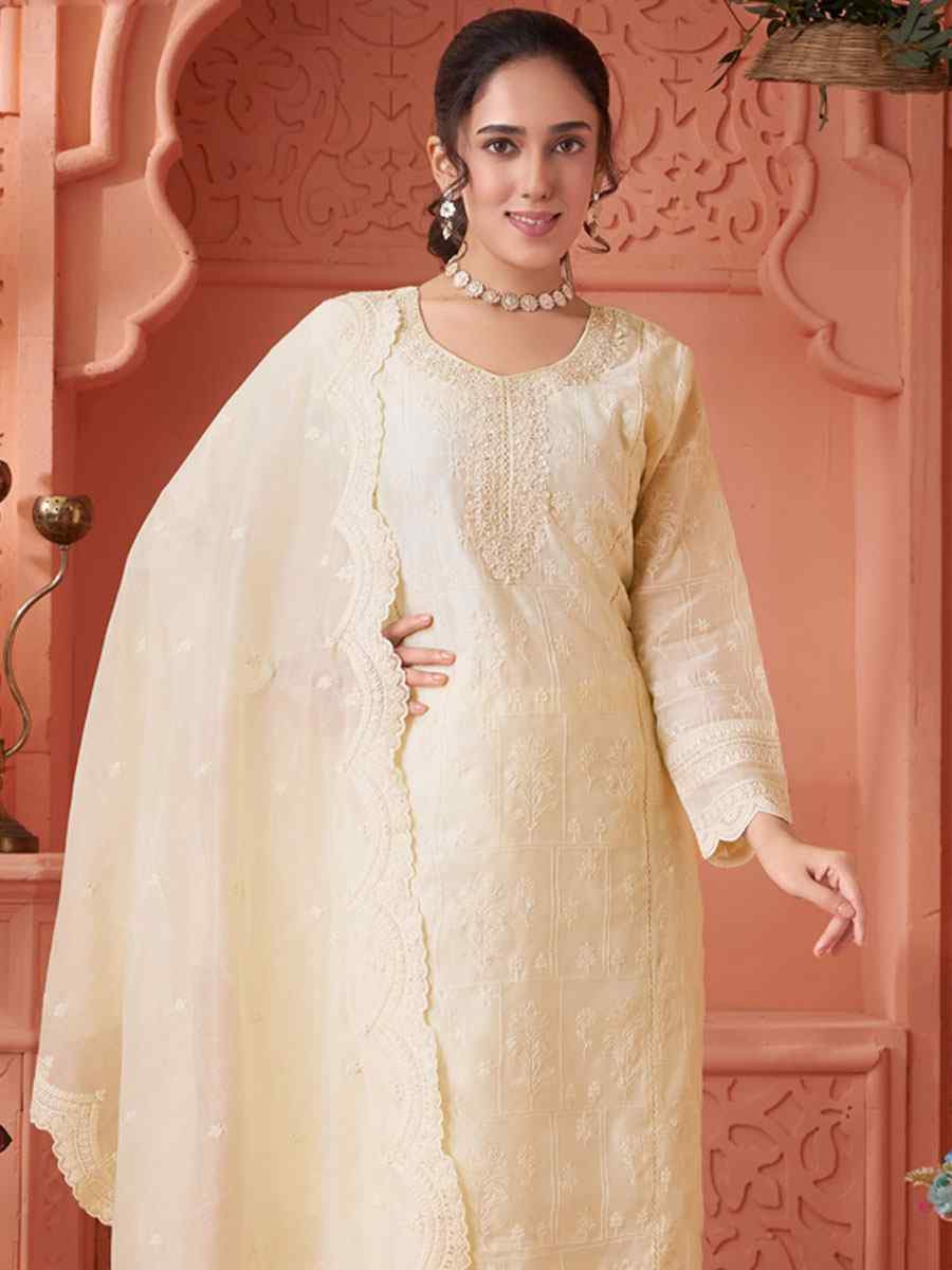 Off-White Silk Embroidery Party Wedding Festival Casual Ready Pant Salwar Kameez